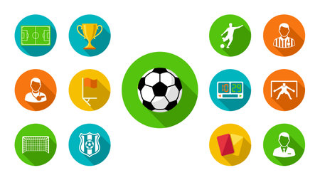 Soccer flat icons set with long shadow effect. Vector illustration.のイラスト素材