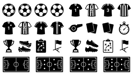 Soccer icon set. Vector illustration isolated on white background. Black and white.のイラスト素材