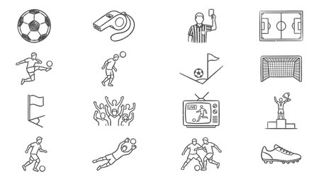 Soccer line icons set. Outline illustration of 16 soccer line icons for webのイラスト素材