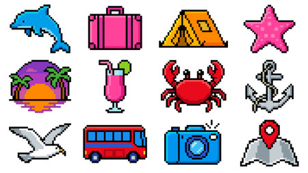 Set of pixel art icons for travel and vacation. Vector illustration.のイラスト素材