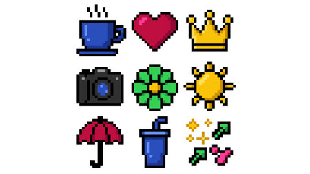 Set of 8-bit pixel art icons for web and mobile applicationsのイラスト素材