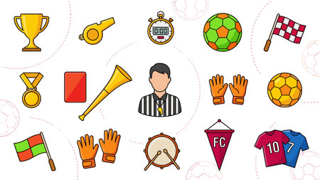 Soccer sport icons set in flat style. Vector illustration of soccer symbols.のイラスト素材