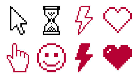 Set of pixel art icons with different emotions. Pixelated vector illustration.