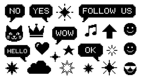 Set of pixel art icons. Vector illustration. Black on white.