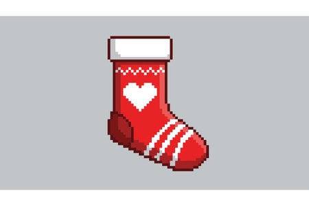 A red Christmas sock with a white heart and stripes, isolated on a gray background.のイラスト素材