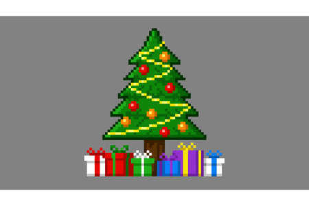 A festive Christmas tree surrounded by colorful gifts and ornaments on a gray background.のイラスト素材