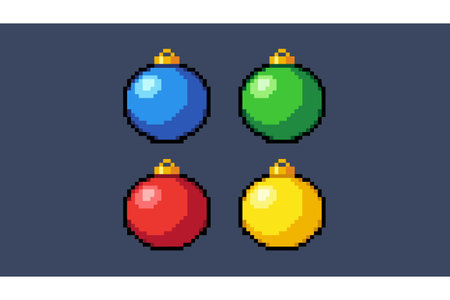 Four vibrant Christmas ornaments in blue, green, red, and yellow on a dark blue background.