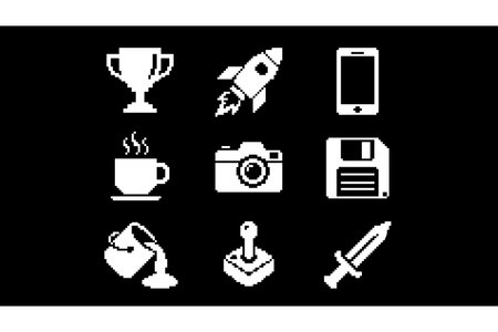Collection of white icons on a black background representing various objects and concepts