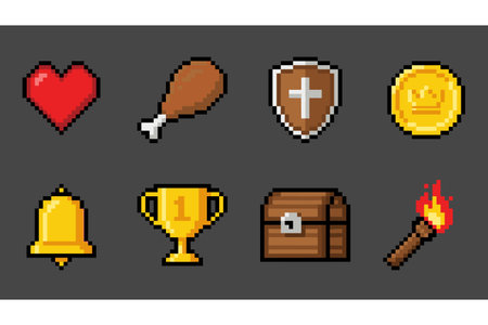 Set of pixel art icons including heart, chicken leg, shield, coin, bell, trophy, treasure chest, and...