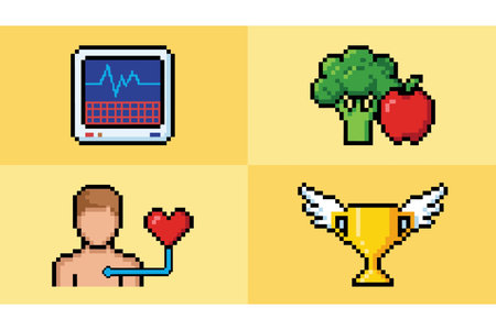 Set of pixel art icons representing health and wellness