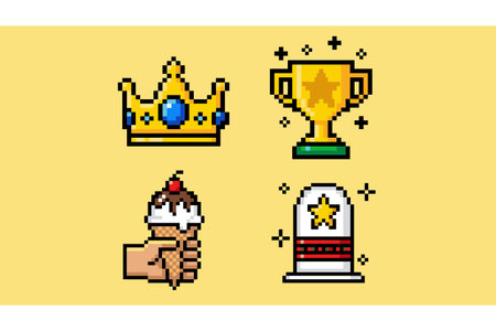 Set of pixel art icons featuring a crown, trophy, cupcake, and badge on a yellow background.