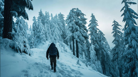 Person walking alone on snowy path surrounded by snow-covered trees in a serene forest environmentの素材