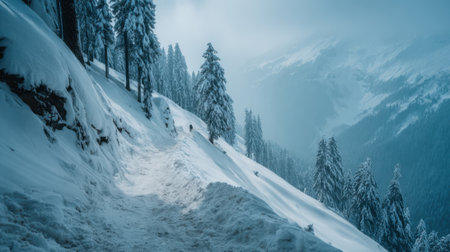 A serene winter scene with snow-covered mountains and treesの素材