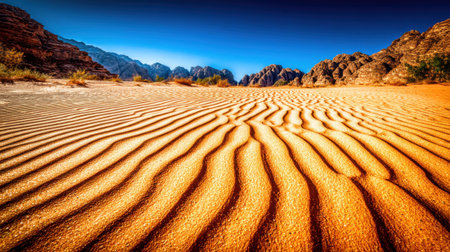 Ripples in the sand with mountains in the background under a clear blue skyの素材