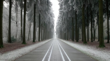 A serene foggy road lined with tall trees on both sides, creating a mystical atmosphere.の素材