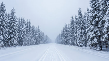 A serene winter scene with a snow-covered road lined by evergreen trees in a forestの素材