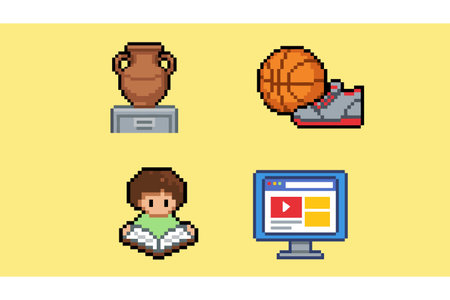 A collection of pixel art icons on a yellow background, featuring a trophy, basketball, person...