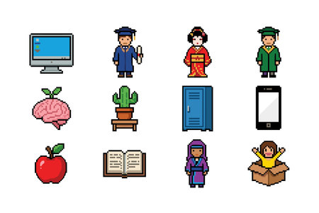 Collection of cartoon icons representing education and learning concepts