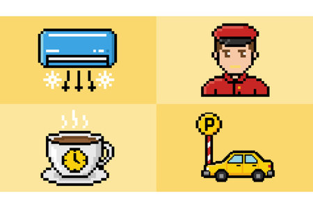 A set of four cartoon icons depicting various services including HVAC, delivery, coffee, and taxi.