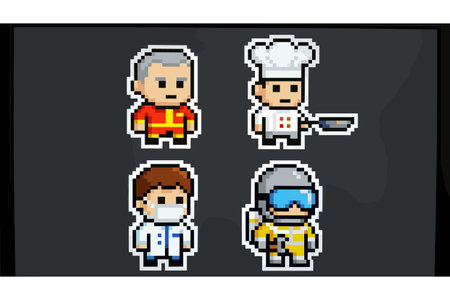 Four pixel art characters representing different professions and roles
