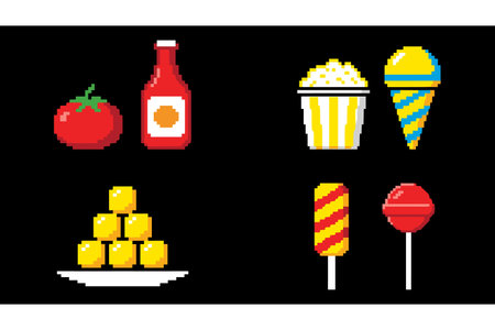 Assorted snacks and sweets including tomato ketchup fries popcorn and lollipops