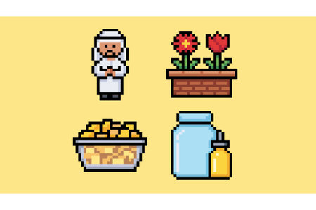 Illustration of a chef with food items in pixel art style