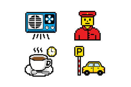 Collection of pixel art icons including air conditioner, person, coffee, and car