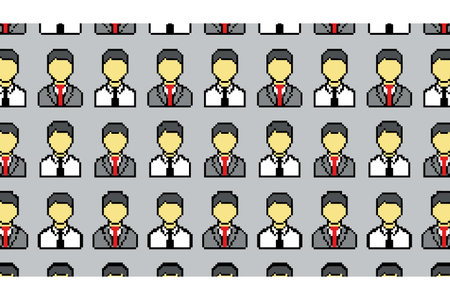Multiple cartoon businessman characters arranged in a grid pattern on a gray background.のイラスト素材
