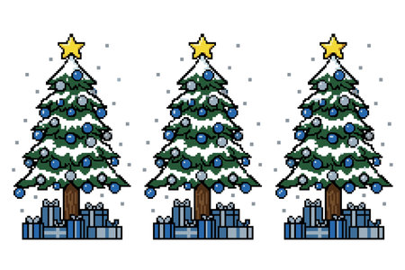 Illustration of three decorated Christmas trees with presents and snowflakesのイラスト素材