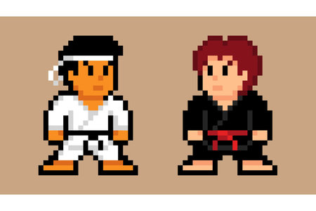 Two pixel art characters in karate uniforms facing each other