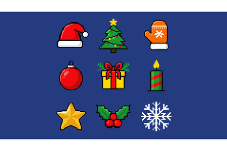Collection of Christmas icons including hat, tree, and decorations on a blue backgroundのイラスト素材