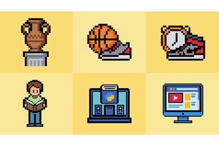 A collection of pixel art icons featuring trophies, sports, and digital devices on a yellow backgroundのイラスト素材