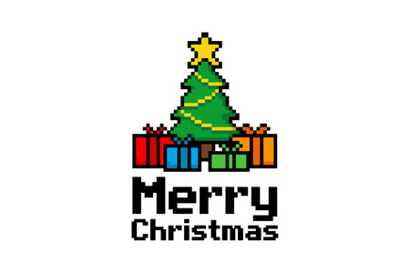 Pixel art Christmas tree with star and presents, Merry Christmas textのイラスト素材
