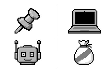 Simple grayscale icons representing law, technology, and finance