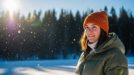 Young woman wearing a red beanie and green coat standing in a snowy forest, smiling at the cameraの素材