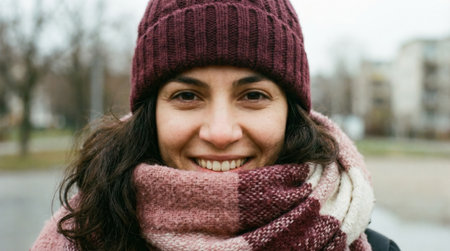 Portrait of a happy young woman in a maroon knit hat and pink scarf smiling outsideの素材