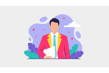Cartoon man wearing pink suit holding white paper against purple backgroundのイラスト素材