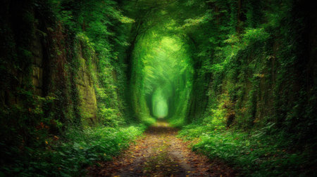 A serene forest path surrounded by dense green foliage and treesの素材