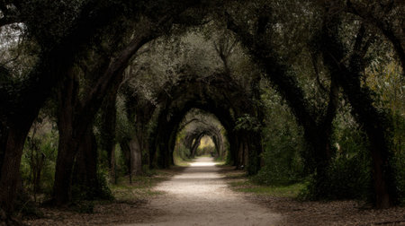 A serene and mysterious tree tunnel with sunlight filtering through the foliageの素材