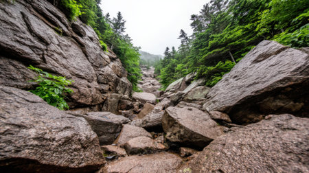 A rocky mountain trail surrounded by green trees and boulders on a cloudy dayの素材