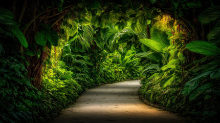 A winding path through dense tropical foliageの素材