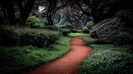 Winding red path through lush green garden with trees and bushesの素材