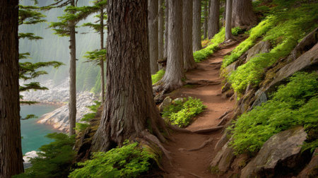 Peaceful dirt path meanders through dense coniferous forest with towering trees, lush green moss on rocks, and a calm turquoise lake in the background under soft light.の素材
