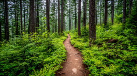 Peaceful dirt path meanders through dense forest of towering fir trees with lush green ferns and undergrowthの素材