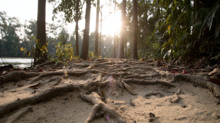 Tangled tree roots on sandy forest floorの素材