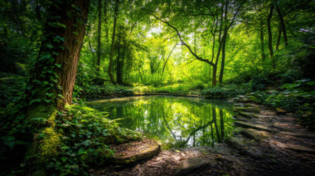 Tranquil woodland scene with a clear pond mirroring tall trees and foliage. Sunlight filters through leaves illuminating stone steps and vibrant green surroundings in a peaceful glade.の素材