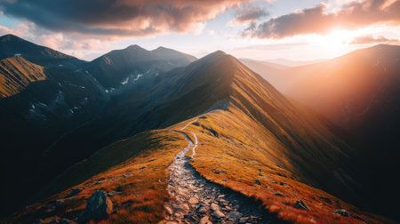 Scenic trail winds through autumn grasslands on rugged mountain ridges under vibrant orange sunset sky with dramatic cloudsの素材