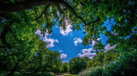 Aerial perspective of a leafy canopy forming a circular opening to a vivid blue sky and scattered cloudsの素材