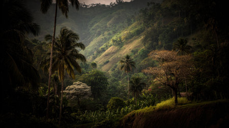 Dark, atmospheric shot of a lush tropical jungle. Green trees and palm fronds frame a view of a distant hillside, creating a mysterious and wild natural scene with a dark vignette.の素材