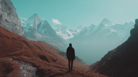 A lone person stands in silhouette against a stunning alpine panorama. The moody, cinematic scene features snow-capped peaks under a teal sky, evoking a sense of adventure and solitude.の素材